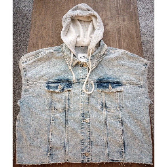 Hollister Short Light Wash Denim Jean Jacket with Hoodie Men's Size Large - Picture 1 of 14